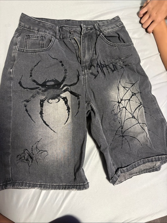 ROMWE Pants - ROMWE Black Graphic Spider Web Denim Shorts